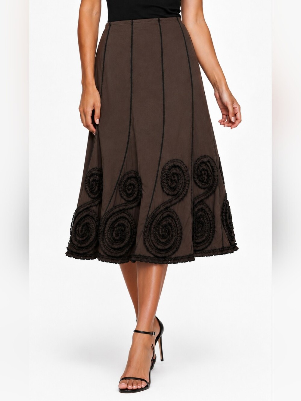Alberto Makali Brown Embellished Trumpet Midi Skirt Spiral Appliqué Hem Size 12